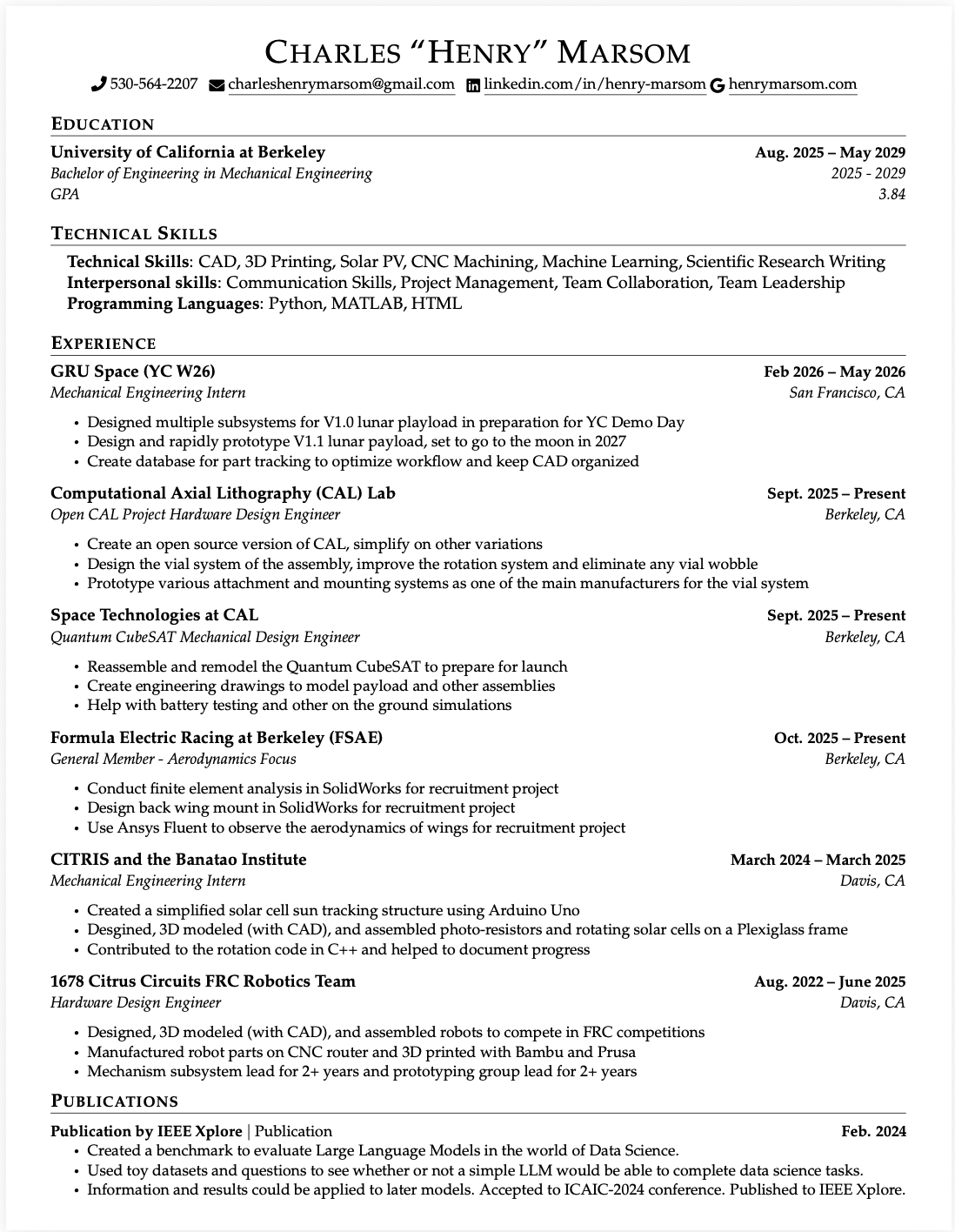 Resume of Henry Marsom